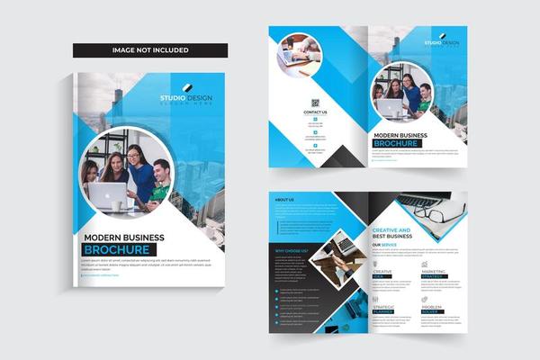 Corporate brochure with clean design and blue accents, showing business charts and graphs