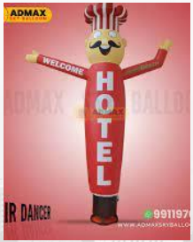 Red inflatable hotel advertisement with cartoon hand on top