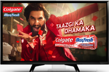 Traditional mass media marketing with TV, radio, and print ads in teal and navy color scheme